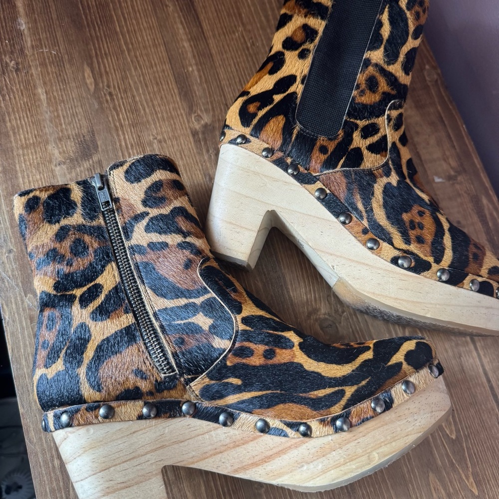 FREE PEOPLE Women's LEOPARD Animal Print Ankle Boots LEATHER Platform Size 36 - Picture 6 of 10